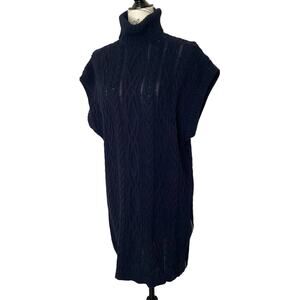 888 Navy Short Sleeve Turtleneck Sweater Dress Tunic Side Zippers 100% Cotton